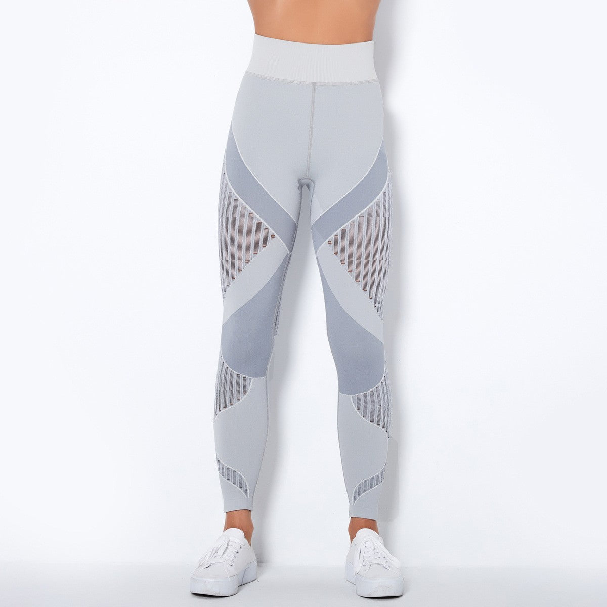 Seamless Mesh Panel High Waist Workout Leggings - Light Gray