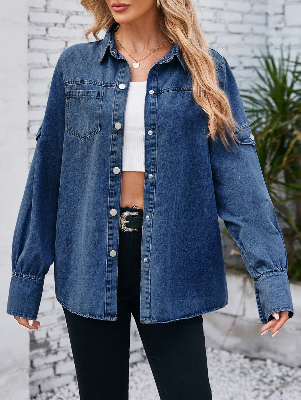 Oversized Denim Shirt Jacket With Pockets - Darkblue