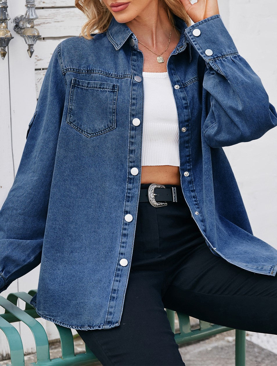 Oversized Denim Shirt Jacket With Pockets - Darkblue - 2