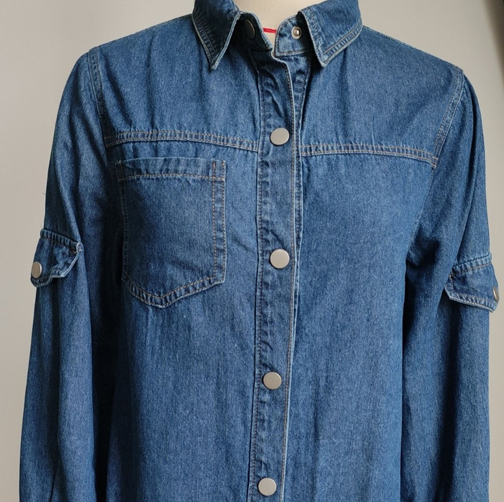 Oversized Denim Shirt Jacket With Pockets - Darkblue - 4
