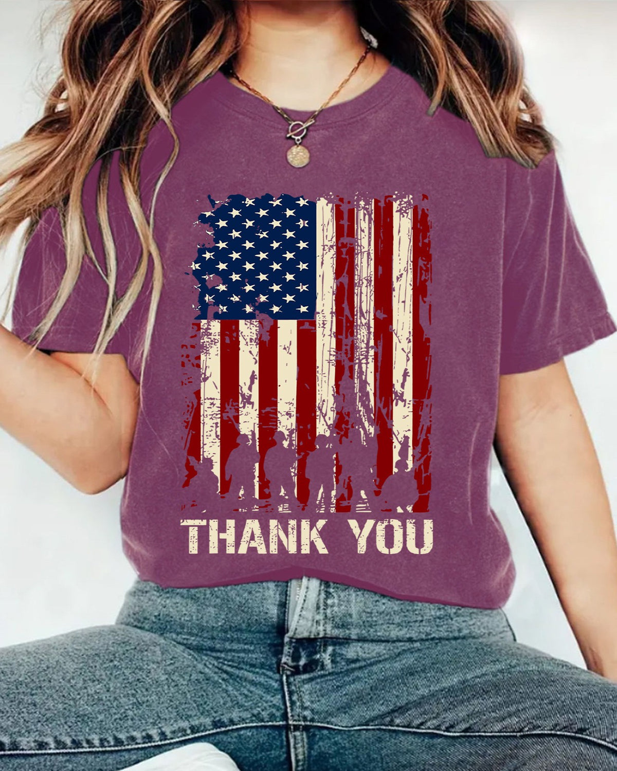 Distressed American Flag Graphic T-Shirt - FlowerRed