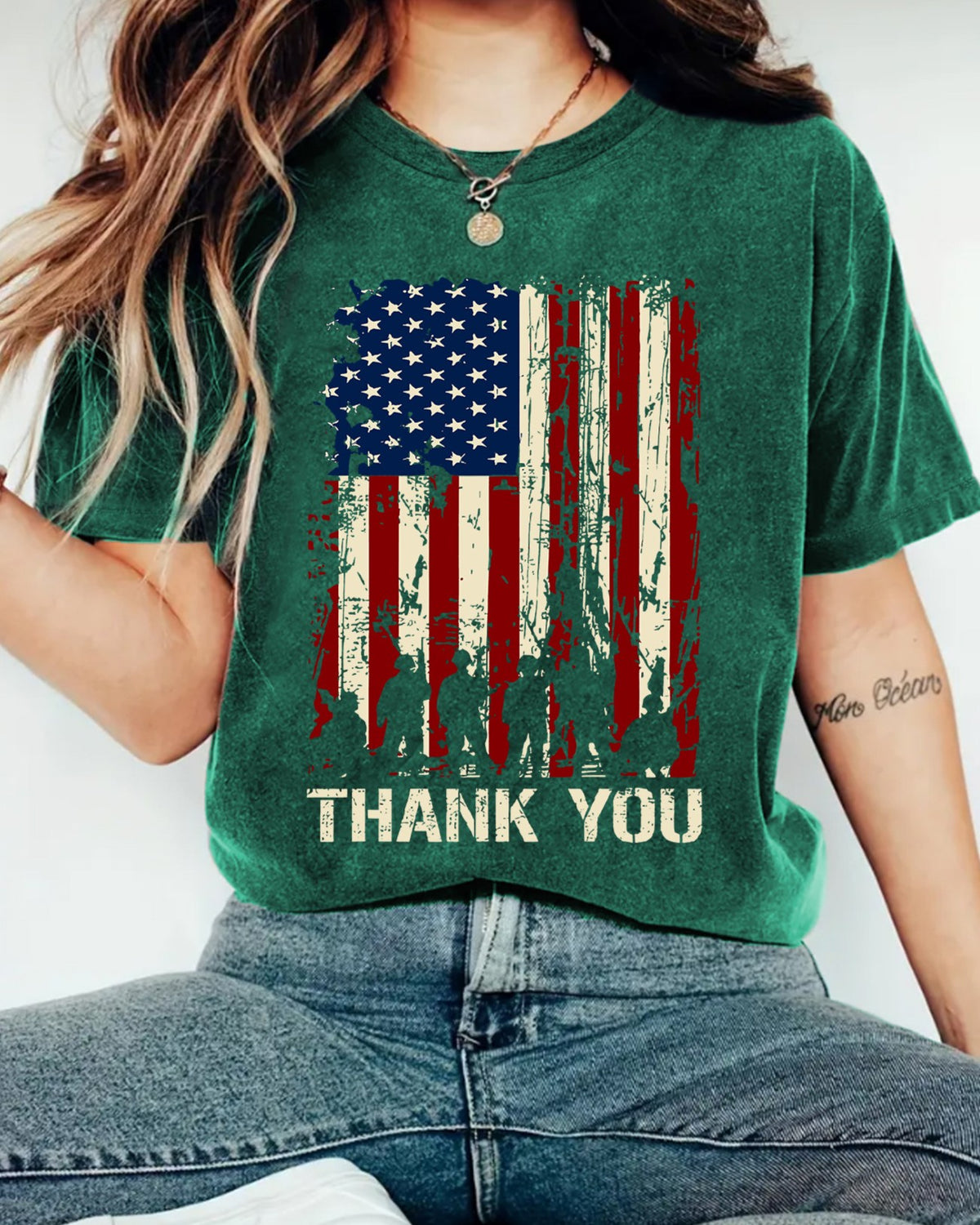 Distressed American Flag Graphic T-Shirt - Green