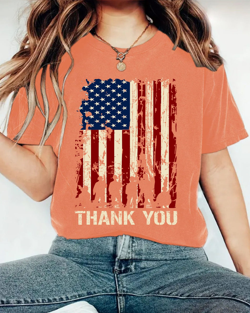 Distressed American Flag Graphic T-Shirt - Orange