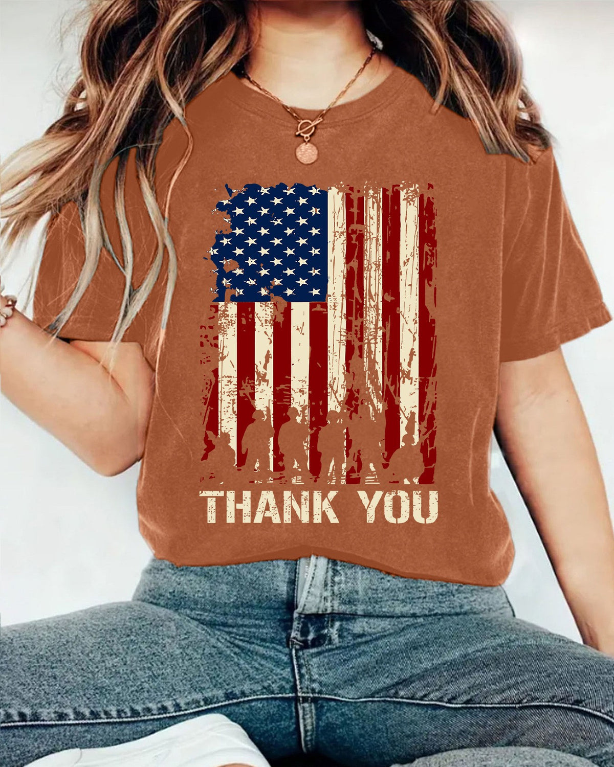 Distressed American Flag Graphic T-Shirt - Rust