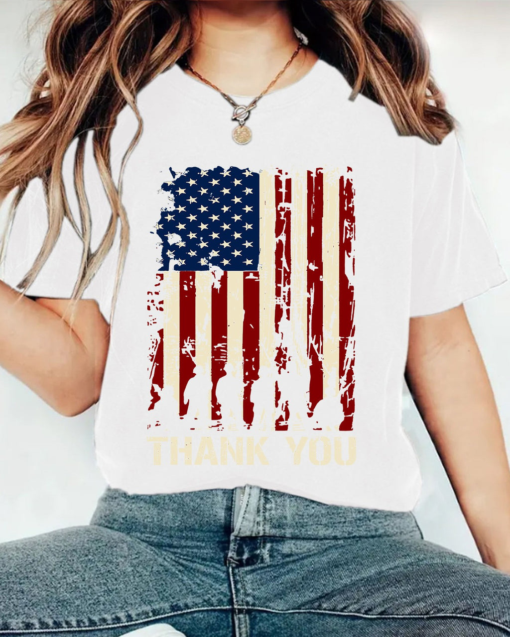 Distressed American Flag Graphic T-Shirt - White