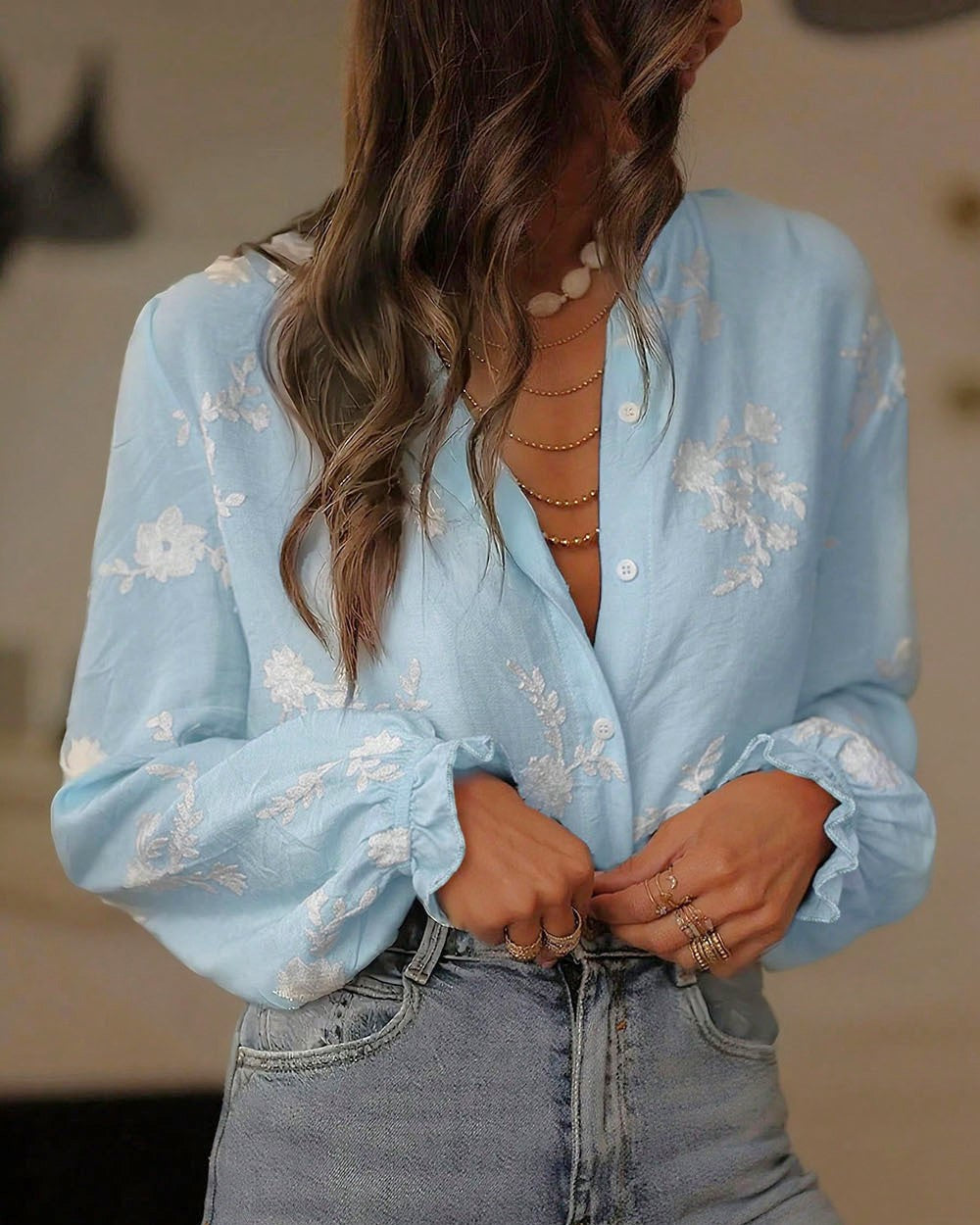 Floral Embroidered Ruffle Collar Button Blouse - Blue - 1