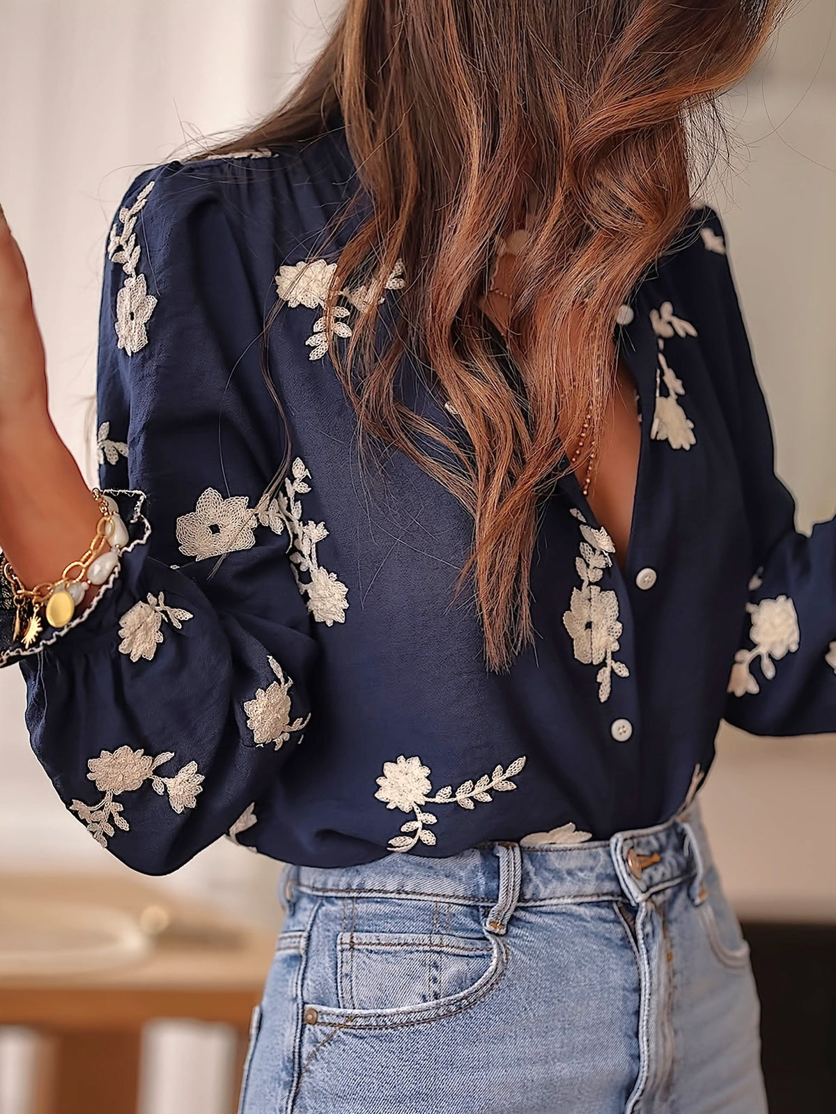 Floral Embroidered Ruffle Collar Button Blouse - DarkBlue