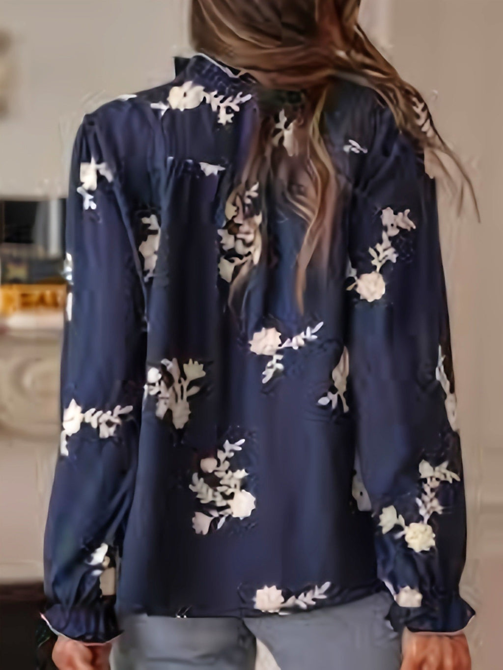 Floral Embroidered Ruffle Collar Button Blouse - DarkBlue - 1
