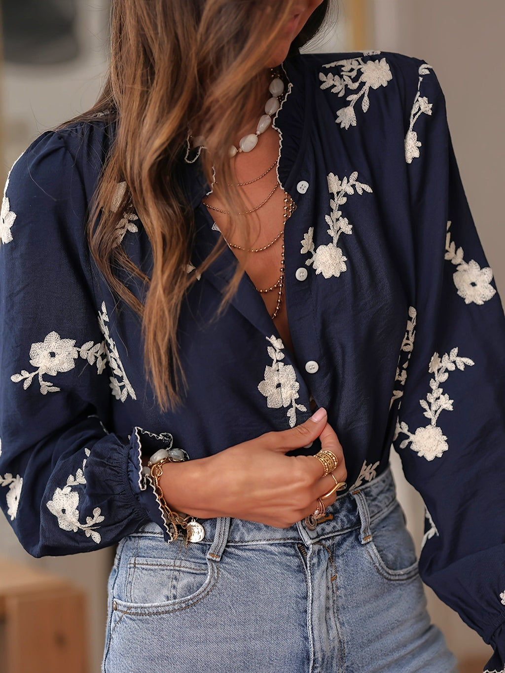 Floral Embroidered Ruffle Collar Button Blouse - DarkBlue - 2