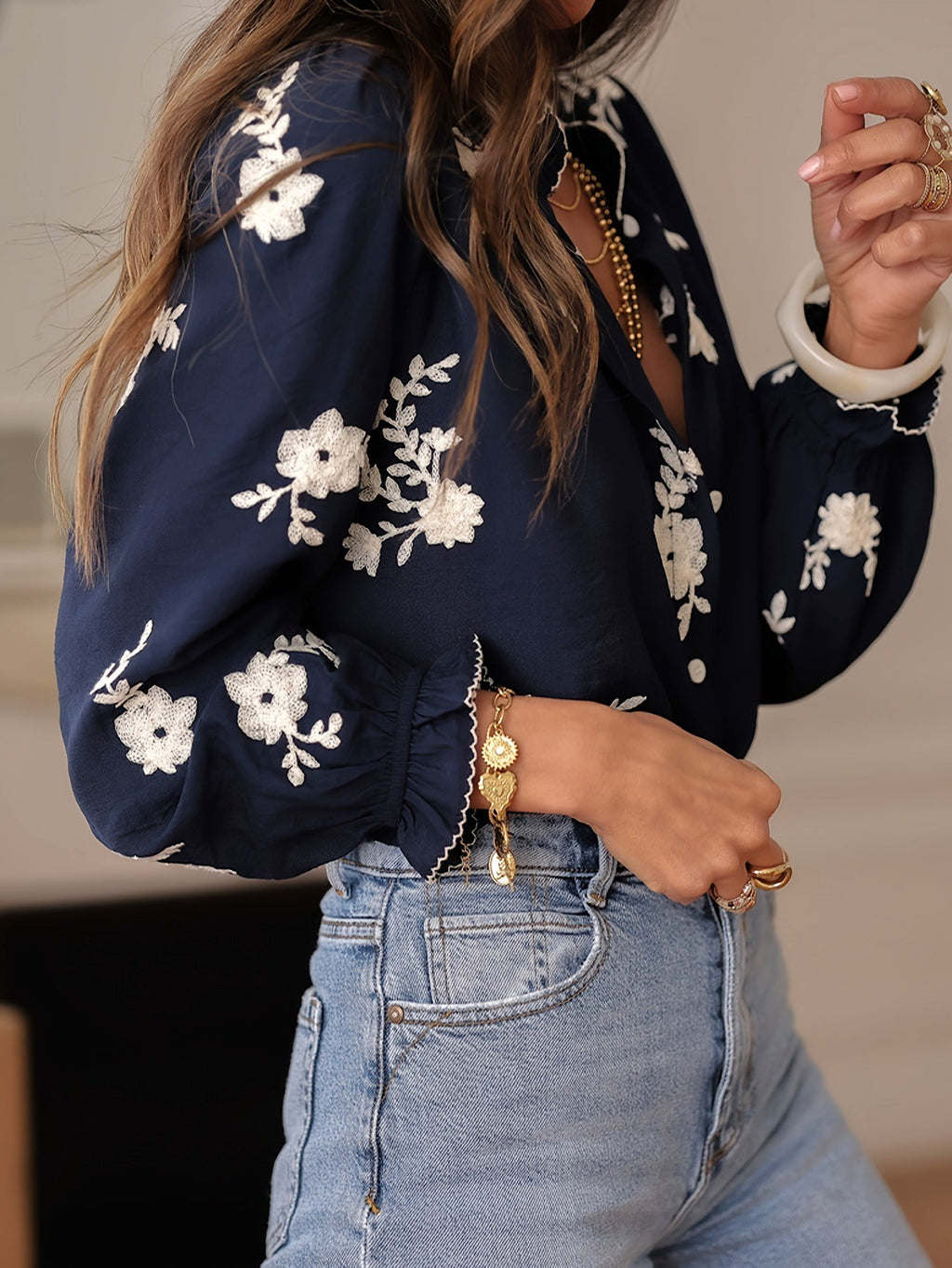 Floral Embroidered Ruffle Collar Button Blouse - DarkBlue - 3