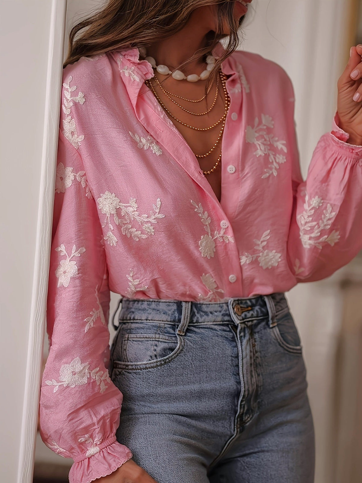 Floral Embroidered Ruffle Collar Button Blouse - Pink - 1