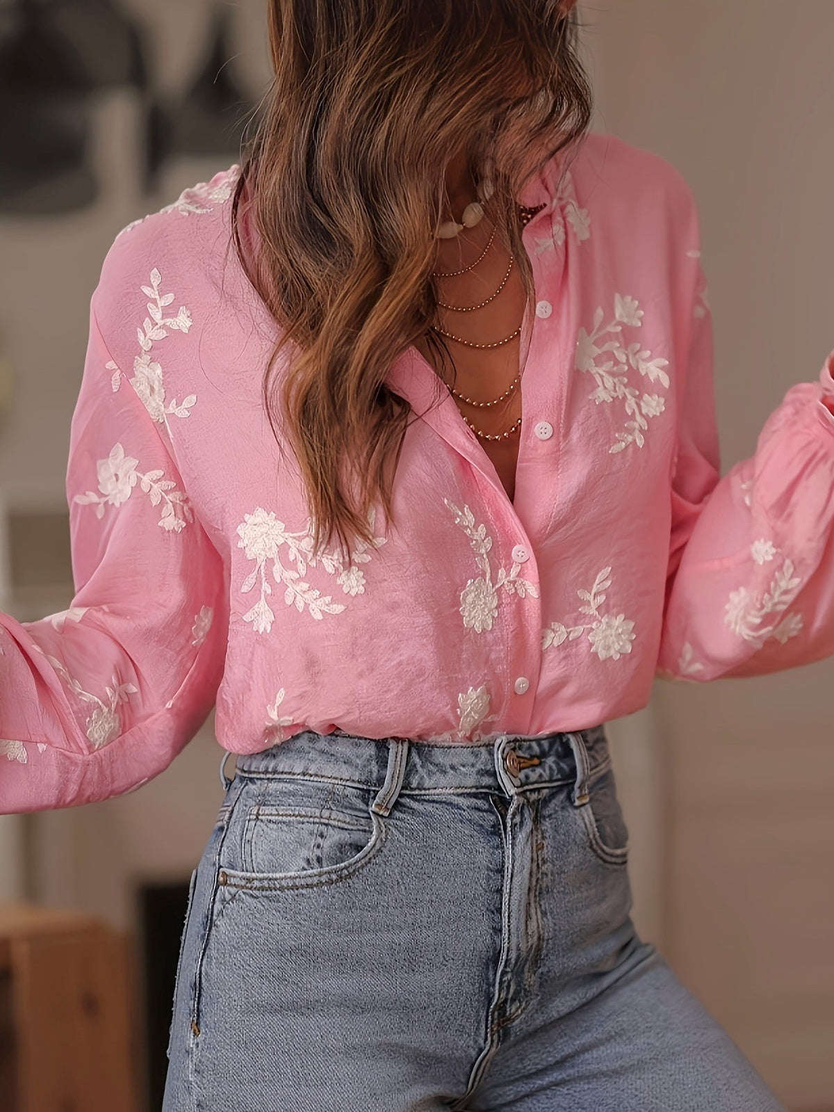Floral Embroidered Ruffle Collar Button Blouse - Pink - 2