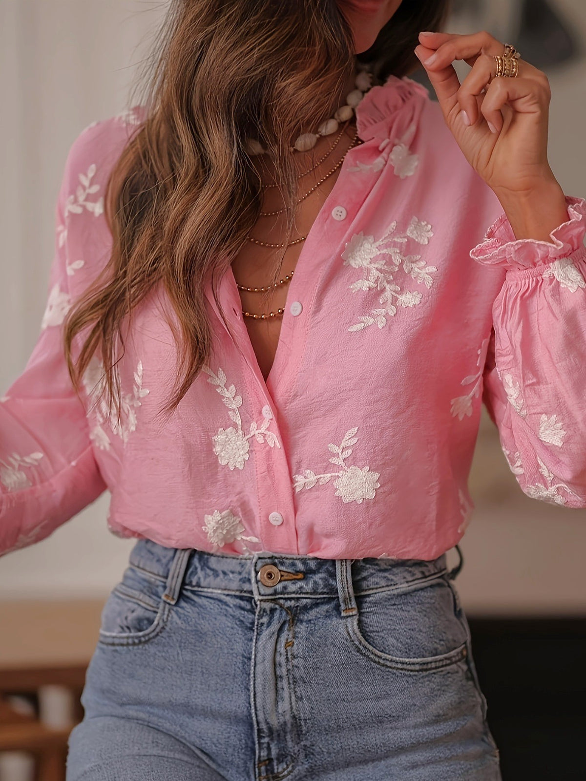 Floral Embroidered Ruffle Collar Button Blouse - Pink - 3