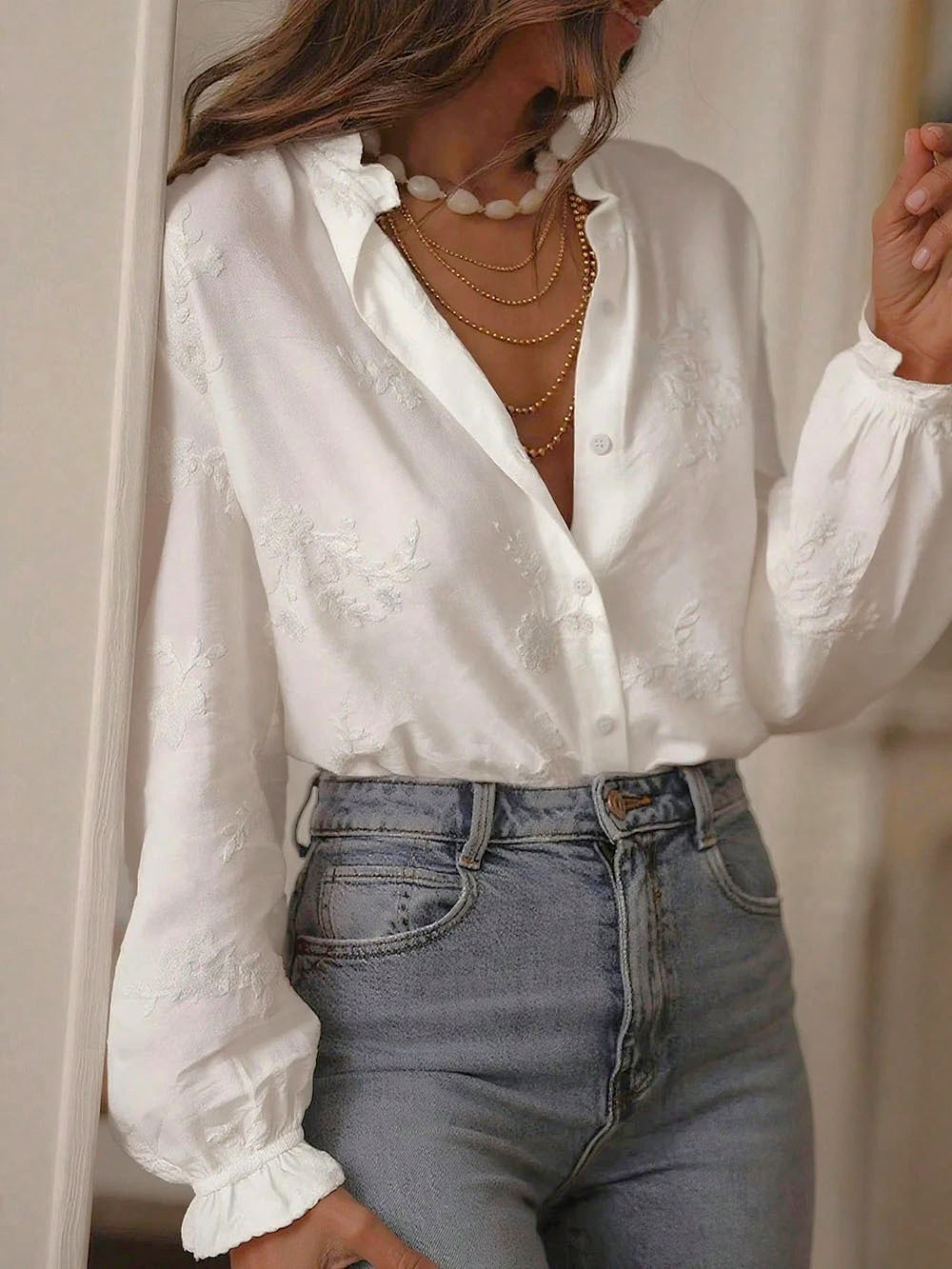 Floral Embroidered Ruffle Collar Button Blouse - White - 2