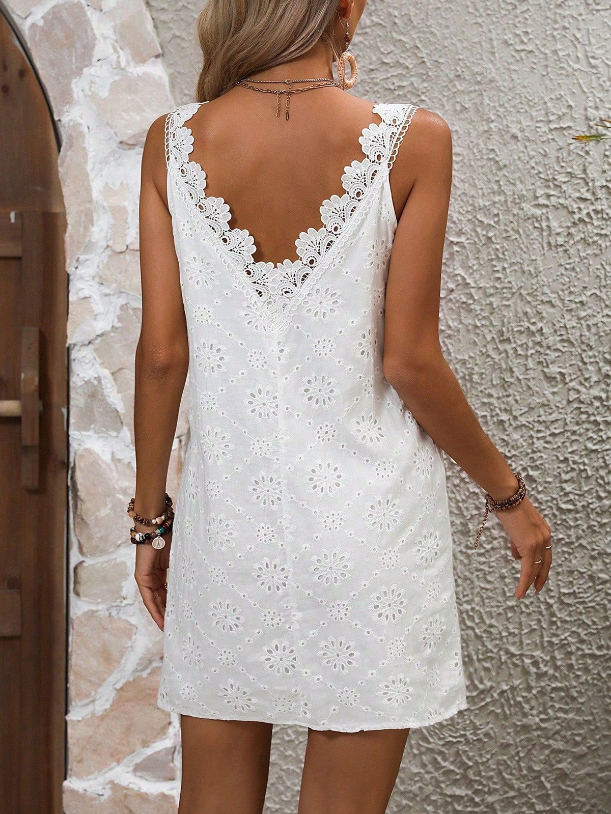 Eyelet Embroidered V Neck Mini Sundress - FWhite - 3