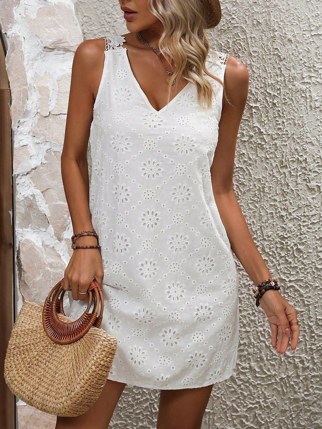 Eyelet Embroidered V Neck Mini Sundress - FWhite - 4