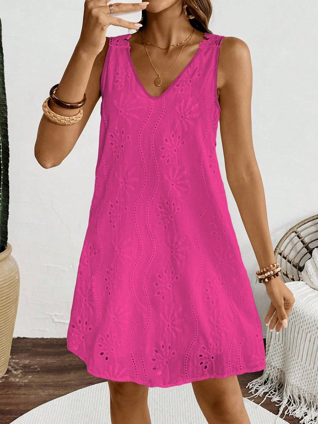 Eyelet Embroidered V Neck Mini Sundress - Rose_red