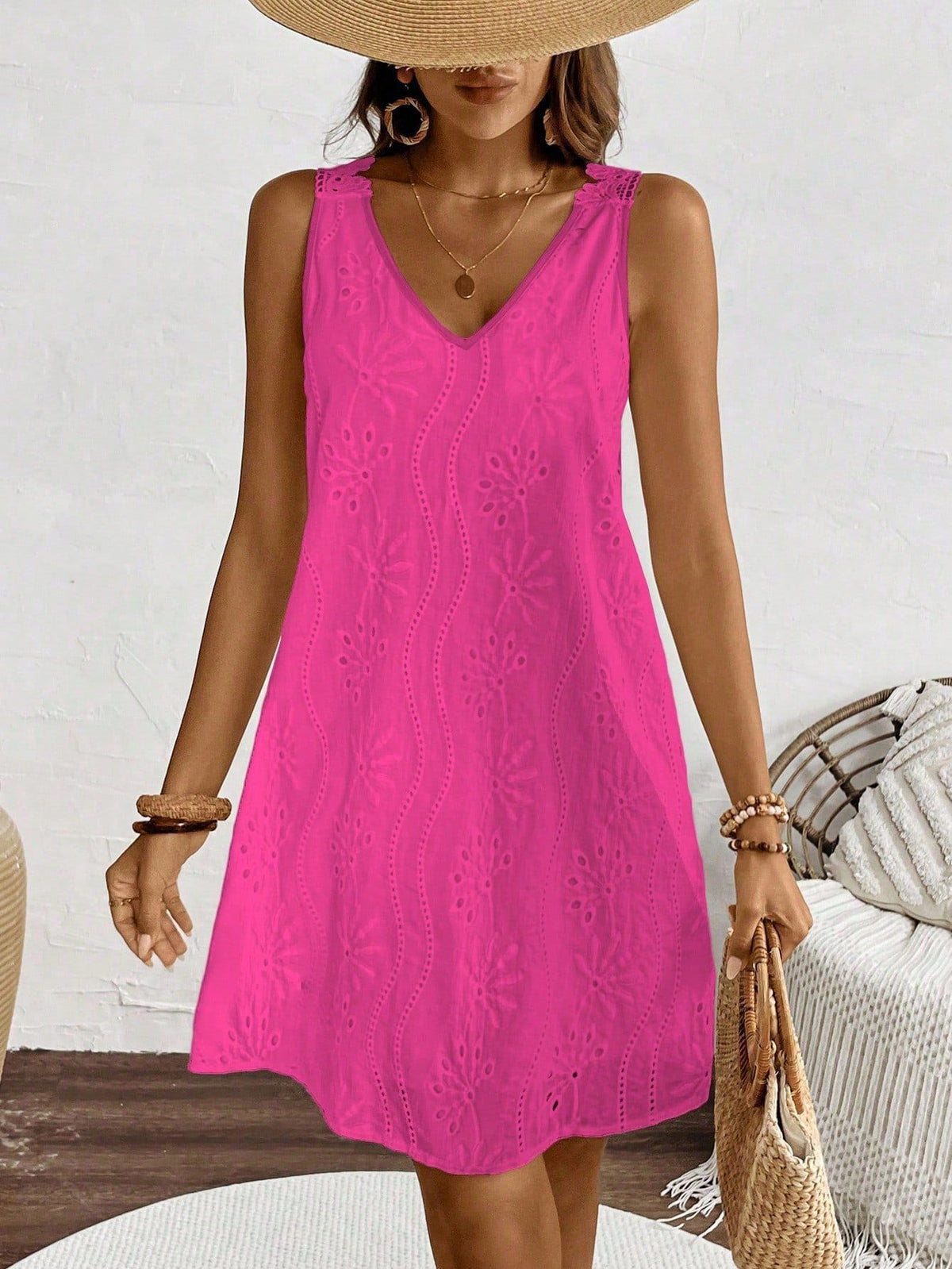 Eyelet Embroidered V Neck Mini Sundress - Rose_red - 1