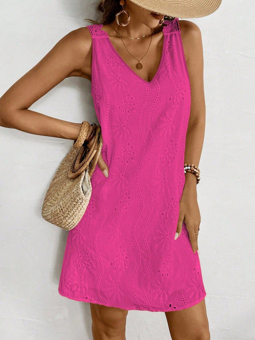 Eyelet Embroidered V Neck Mini Sundress - Rose_red - 2