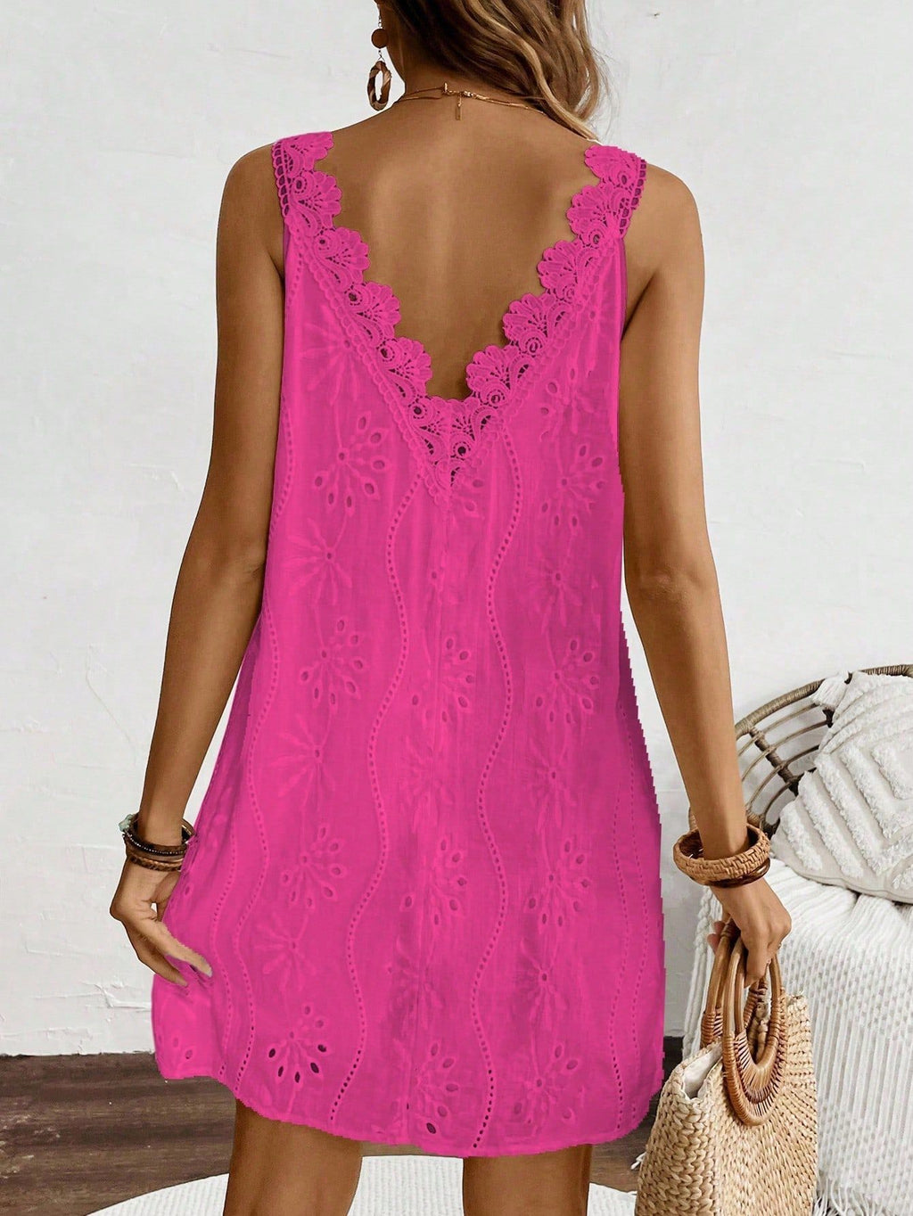 Eyelet Embroidered V Neck Mini Sundress - Rose_red - 4