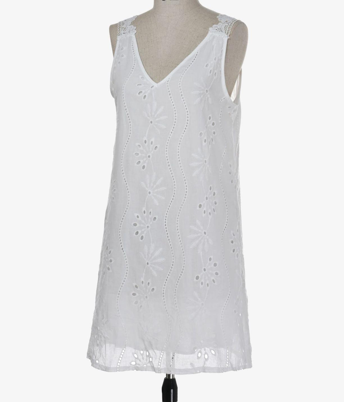 Eyelet Embroidered V Neck Mini Sundress - White - 1