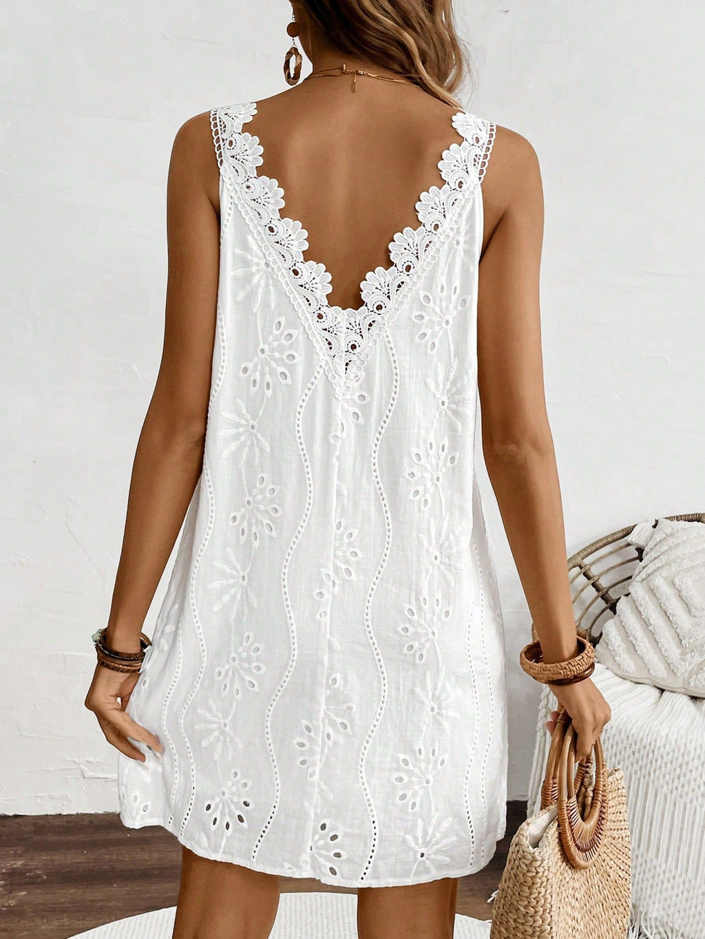 Eyelet Embroidered V Neck Mini Sundress - White - 11