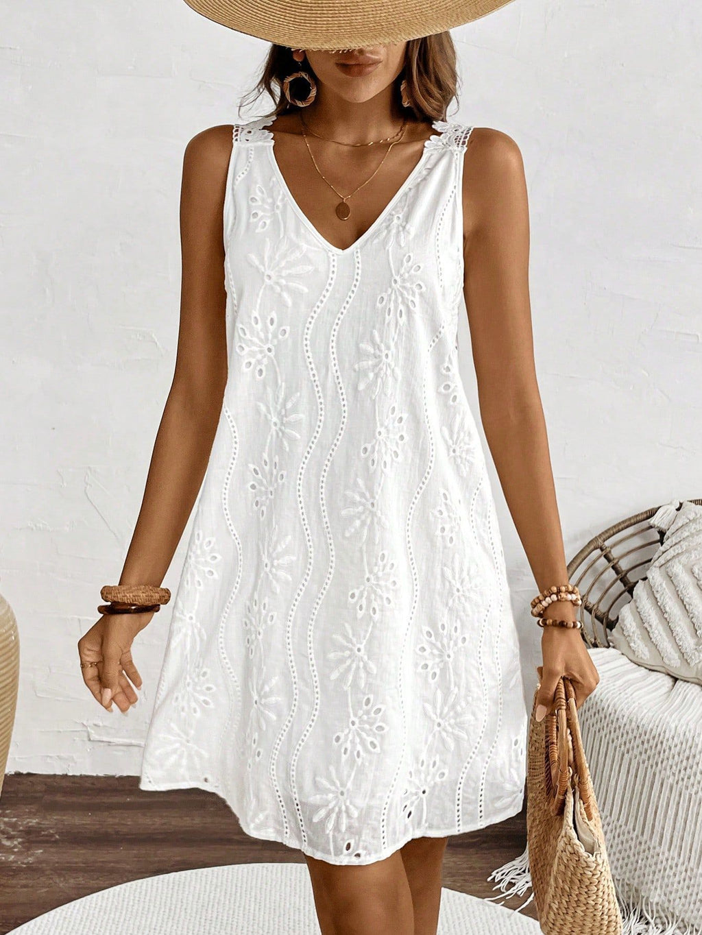 Eyelet Embroidered V Neck Mini Sundress - White - 8