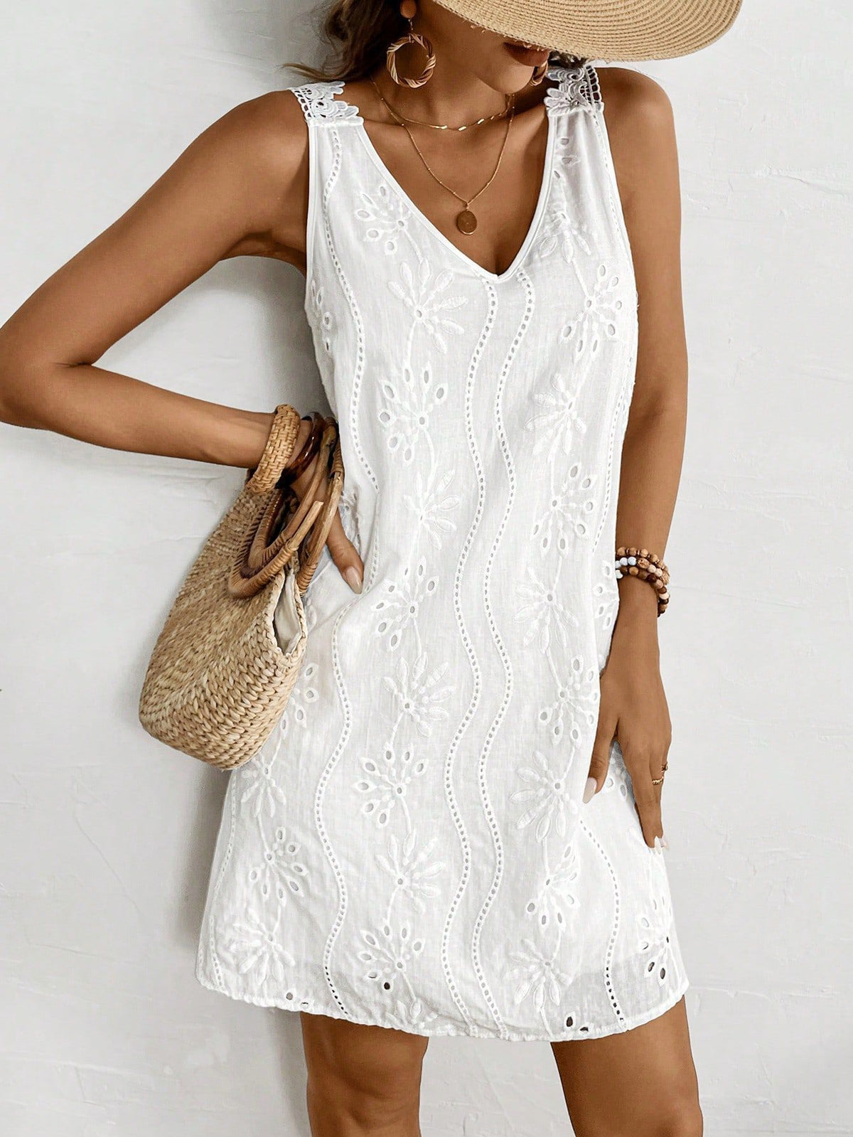 Eyelet Embroidered V Neck Mini Sundress - White - 9