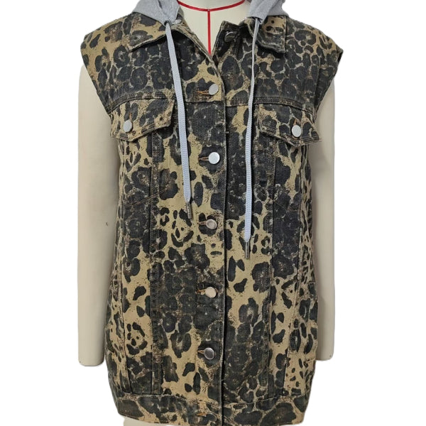 Leopard Denim Hooded Utility Vest - Hooded