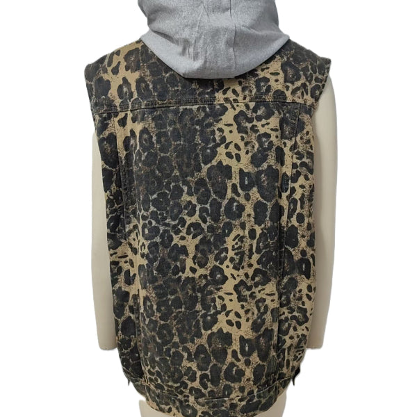 Leopard Denim Hooded Utility Vest - Hooded - 1