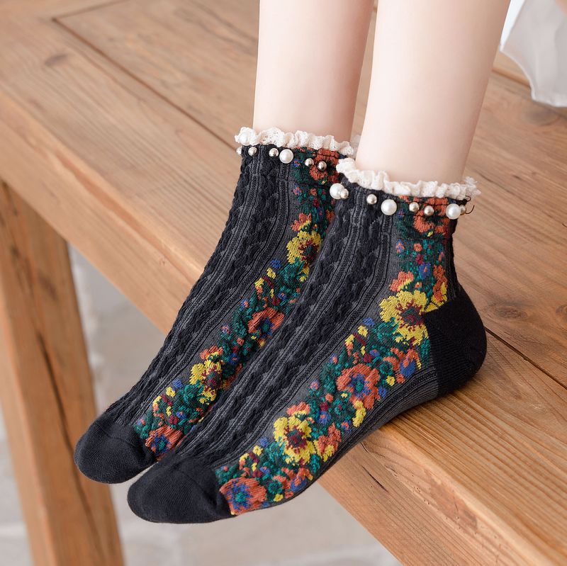 Pearl Trim Sheer Floral Ankle Socks - Black