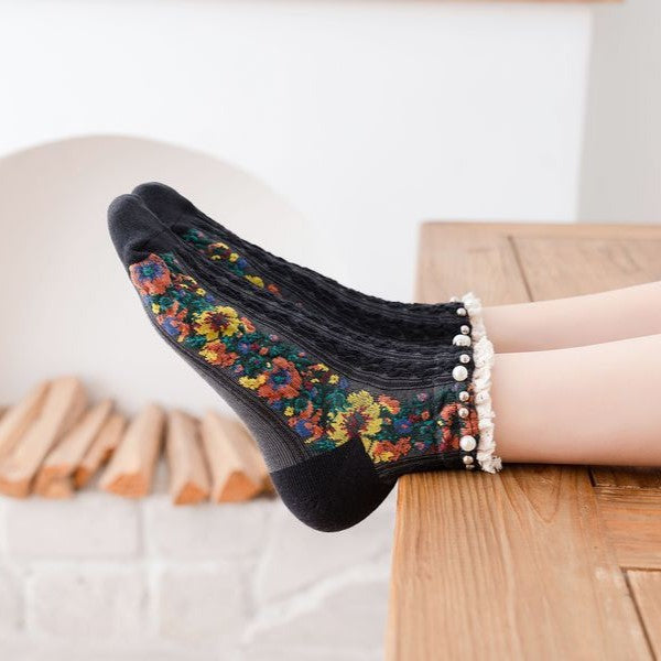 Pearl Trim Sheer Floral Ankle Socks - Black - 1