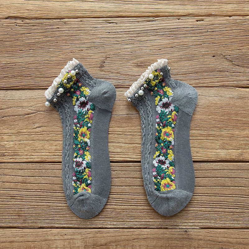 Pearl Trim Sheer Floral Ankle Socks - Grey