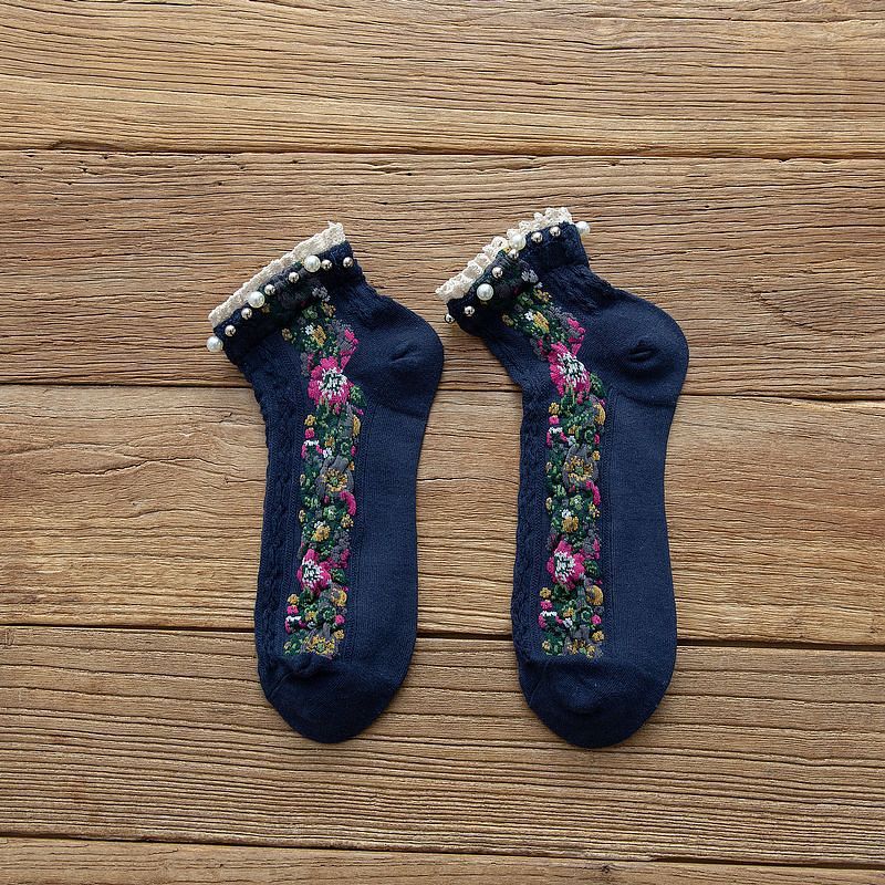 Pearl Trim Sheer Floral Ankle Socks - NavyBlue