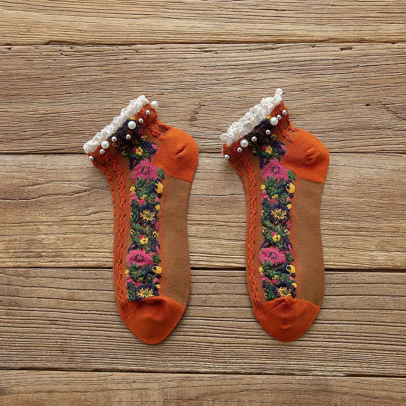 Pearl Trim Sheer Floral Ankle Socks - Orange