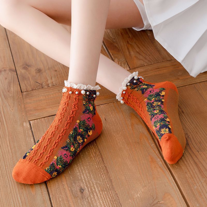 Pearl Trim Sheer Floral Ankle Socks - Orange - 1