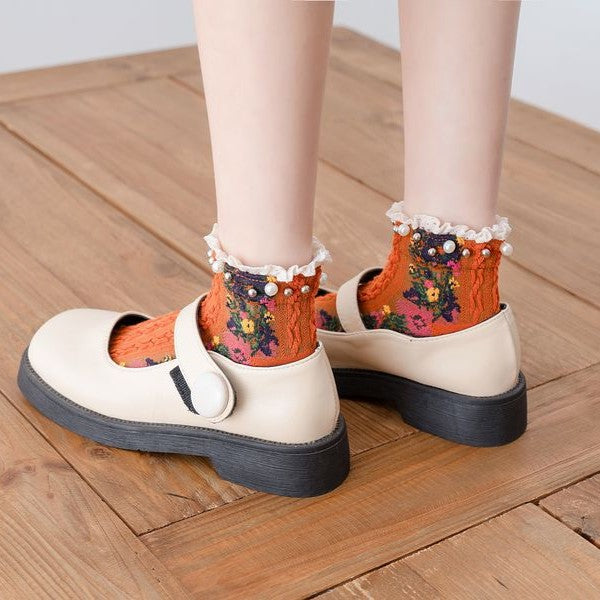 Pearl Trim Sheer Floral Ankle Socks - Orange - 2