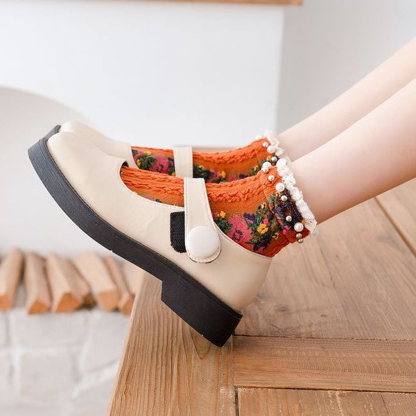 Pearl Trim Sheer Floral Ankle Socks - Orange - 3