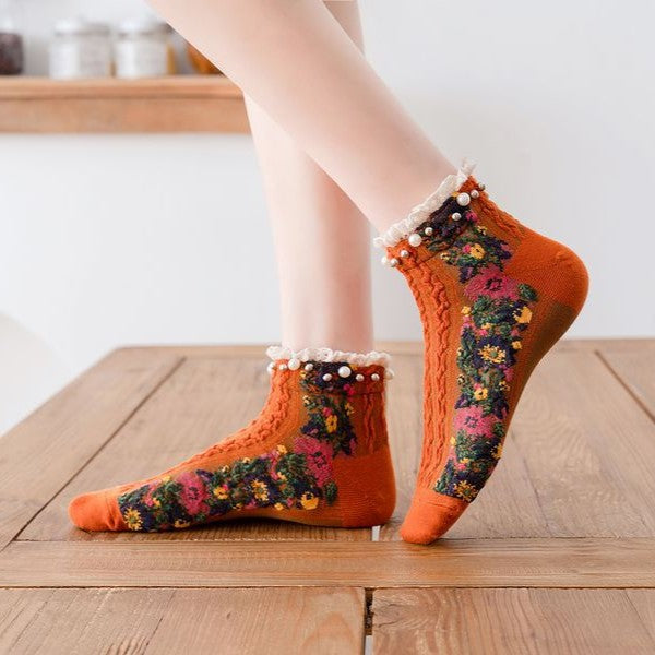 Pearl Trim Sheer Floral Ankle Socks - Orange - 4