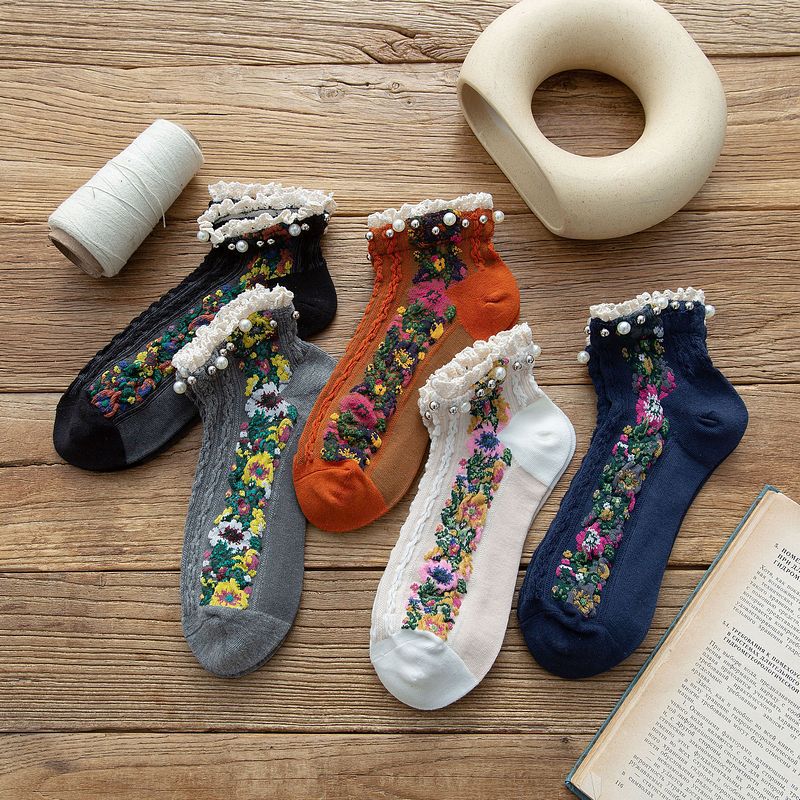 Pearl Trim Sheer Floral Ankle Socks - Orange - 5