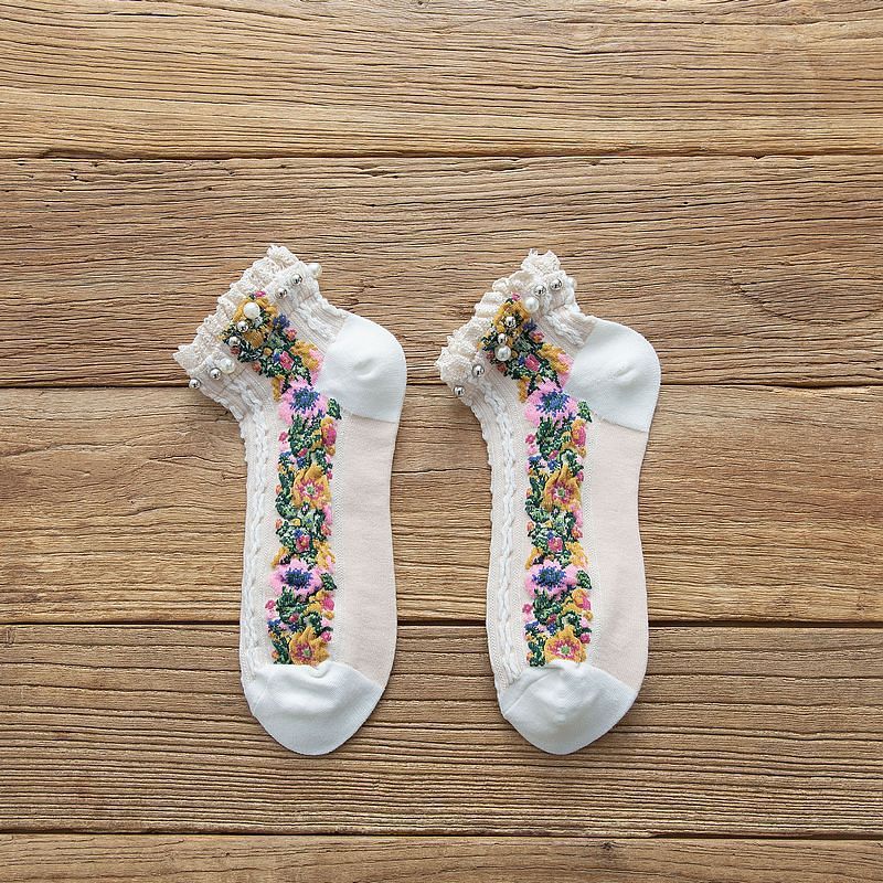 Pearl Trim Sheer Floral Ankle Socks - White