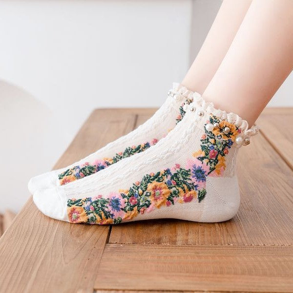 Pearl Trim Sheer Floral Ankle Socks - White - 1