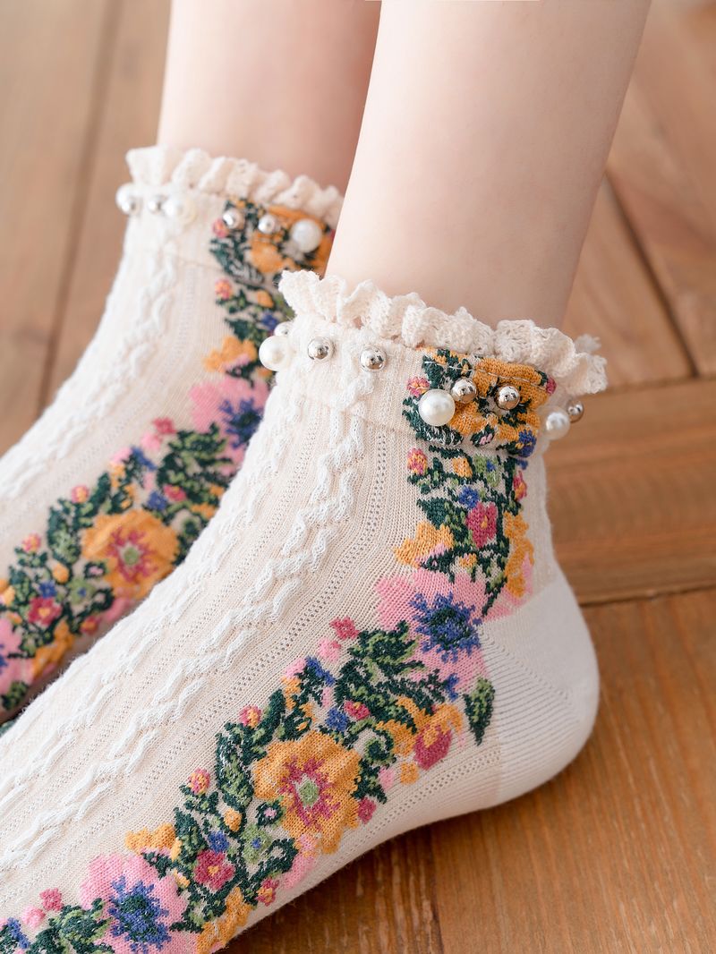 Pearl Trim Sheer Floral Ankle Socks - White - 2