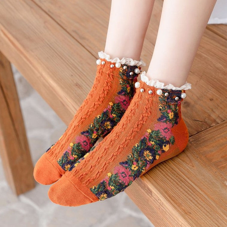 Pearl Trim Sheer Floral Ankle Socks