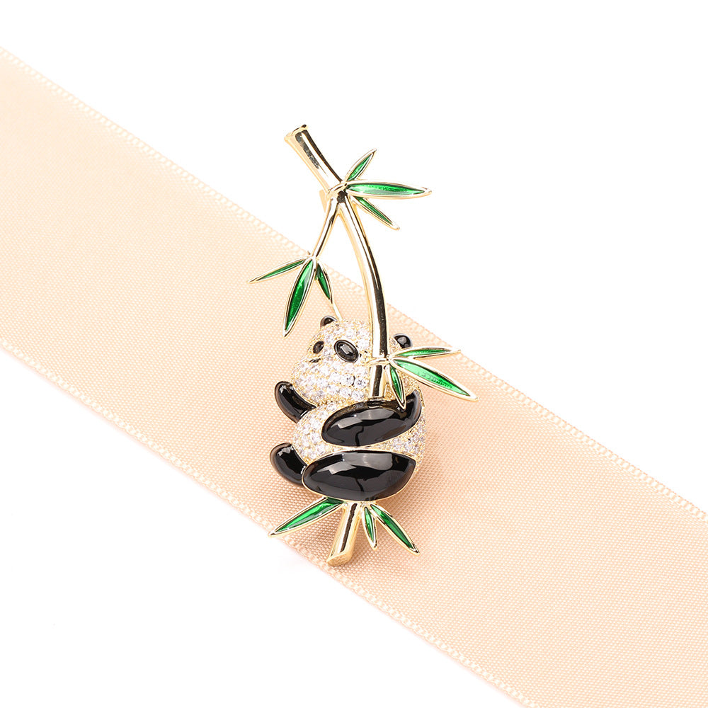 Enamel Panda On Bamboo Brooch - Gold - 1