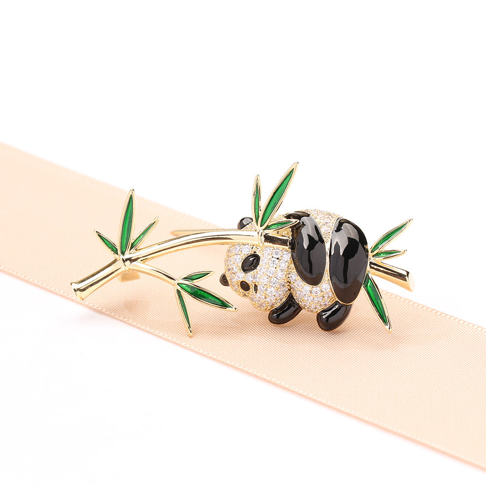 Enamel Panda On Bamboo Brooch - Gold - 2
