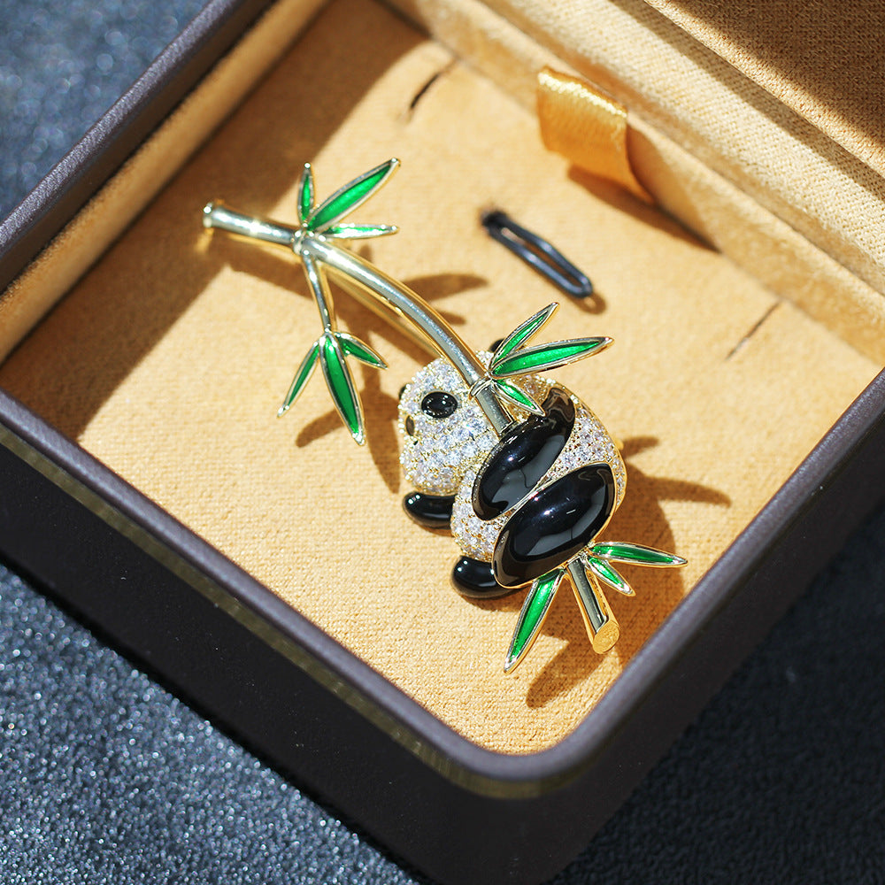 Enamel Panda On Bamboo Brooch - Gold - 3
