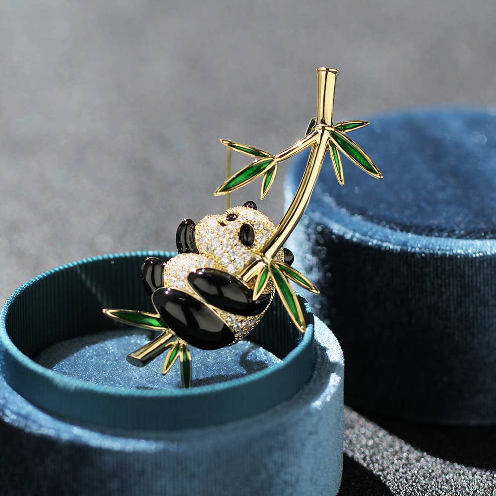 Enamel Panda On Bamboo Brooch