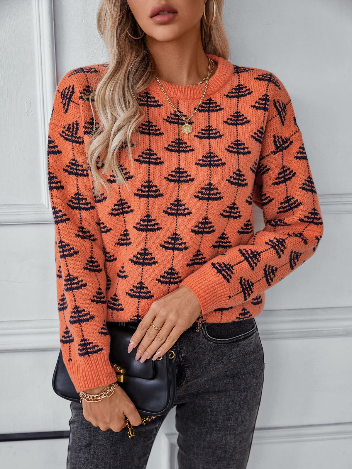 Shell Motif Jacquard Crewneck Sweater - Orange - 5