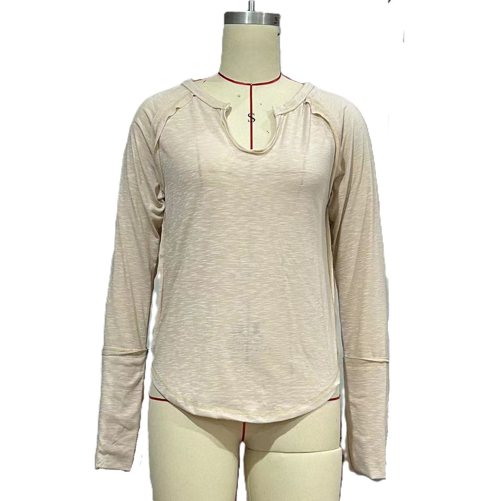 Notch V Neck Long Sleeve Curved Hem Top - Apricot